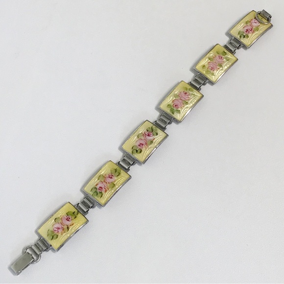 Sterling Silver Guilloche Vintage Rose Enamel Link Plate Bracelet 6.5" Cottage - Picture 7 of 16